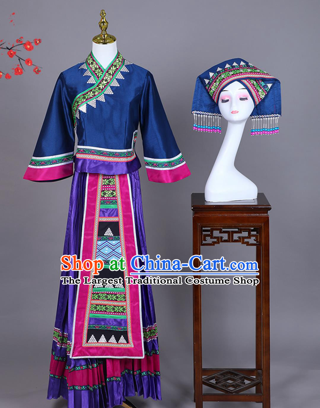Chinese Ethnic Minority March Third Zhuang Buyi Dance Costume Traditional Festival Cultural Performance Outfit and Headwear