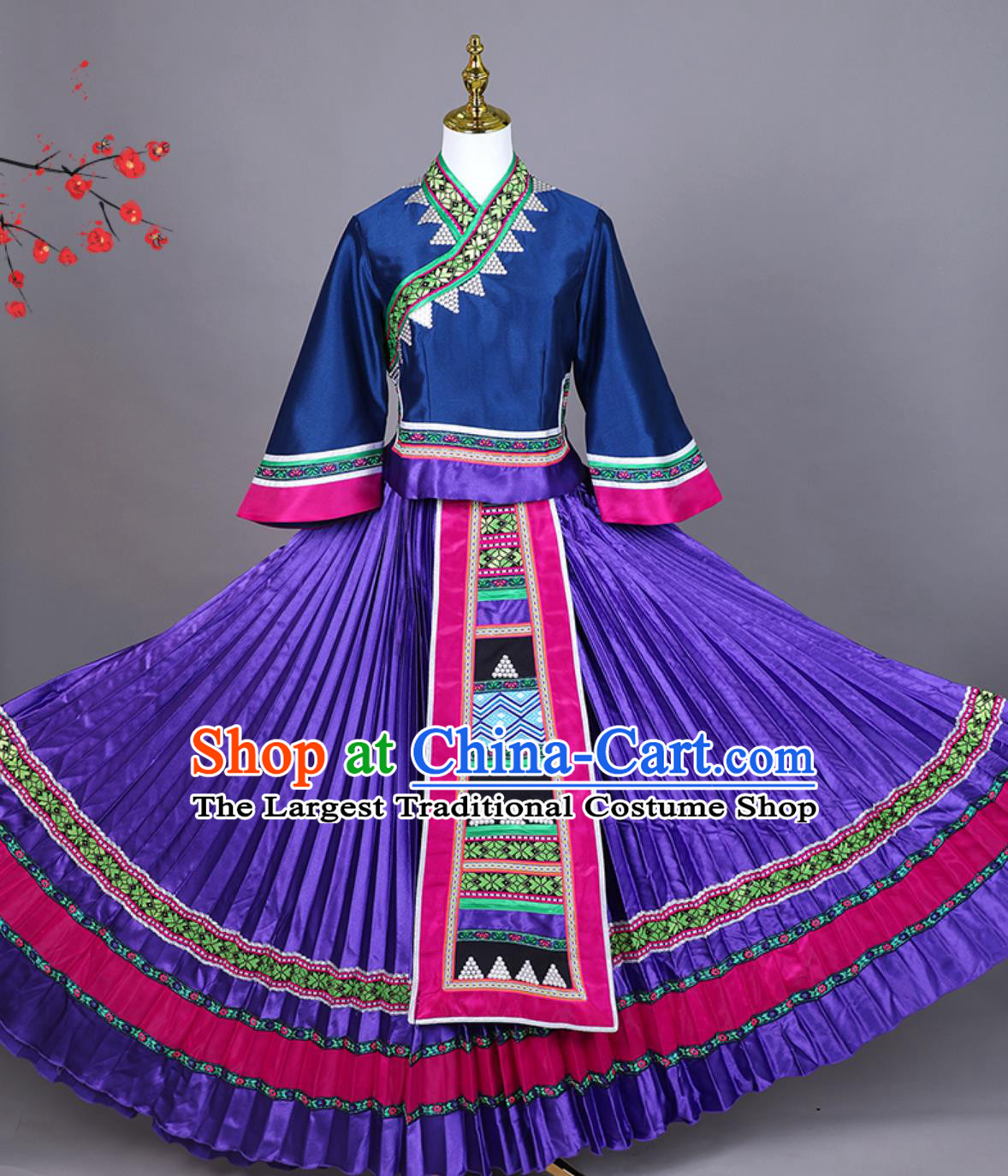 Chinese Ethnic Minority March Third Zhuang Buyi Dance Costume Traditional Festival Cultural Performance Outfit and Headwear