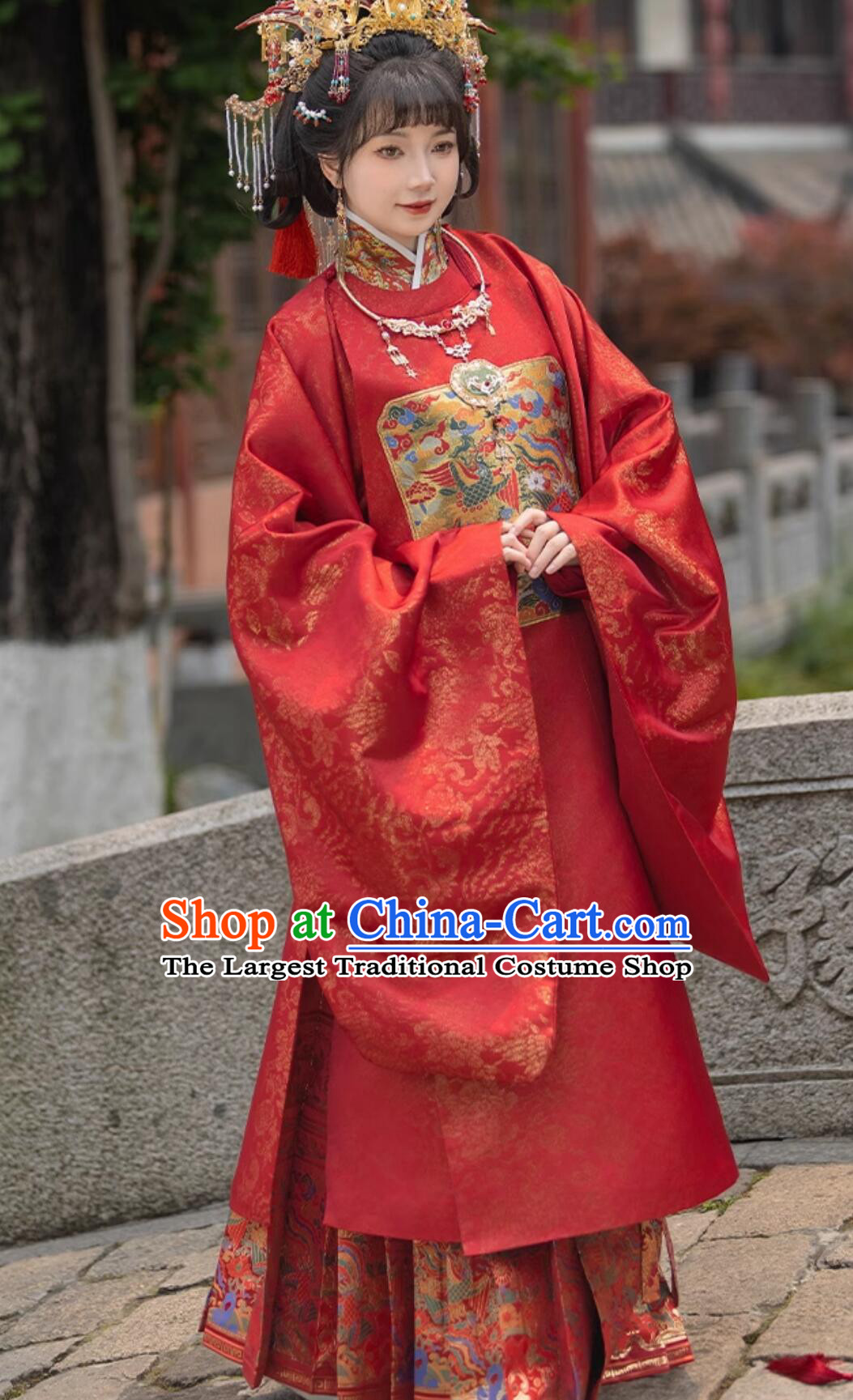Chinese Traditional Wedding Clothing Red Hanfu Dress Ming Dynasty Bufu Shirt and Mamian Qun Complete Set
