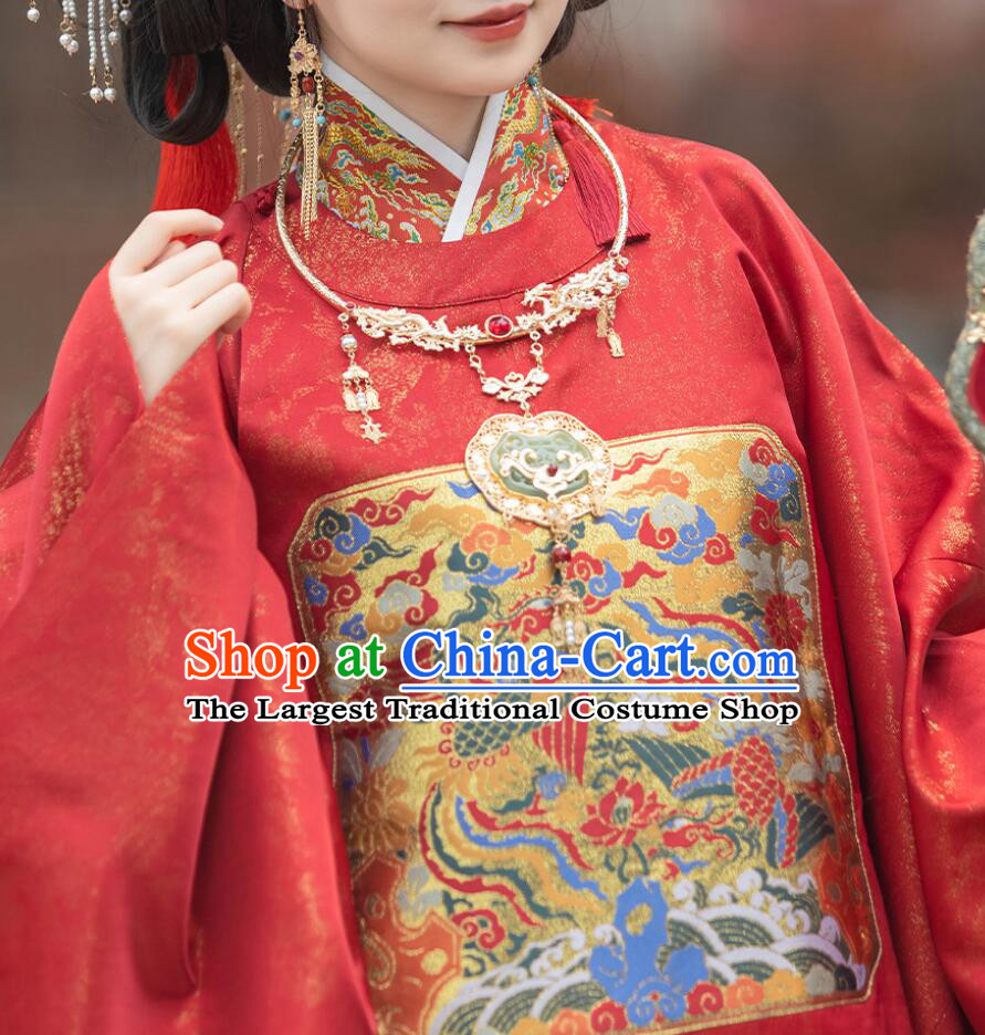 Chinese Traditional Wedding Clothing Red Hanfu Dress Ming Dynasty Bufu Shirt and Mamian Qun Complete Set