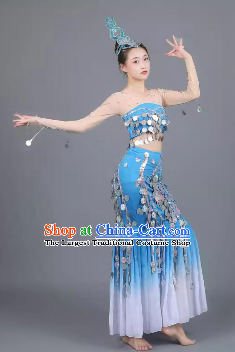 Dai Ethnic Dance Costume Performance Outfit Water Spirit Dance Peacock Dance Clothing Women Show Dress Sequin Mermaid Skirt