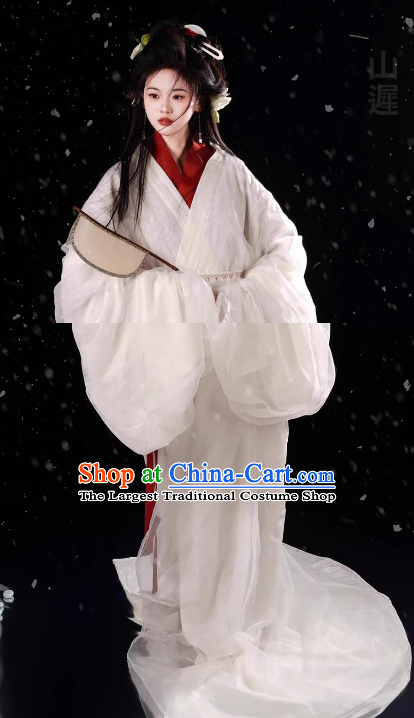 Women Hanfu Cai Wenji White Warring States Robe Chinese Restoration White Lace Double Layer Dress