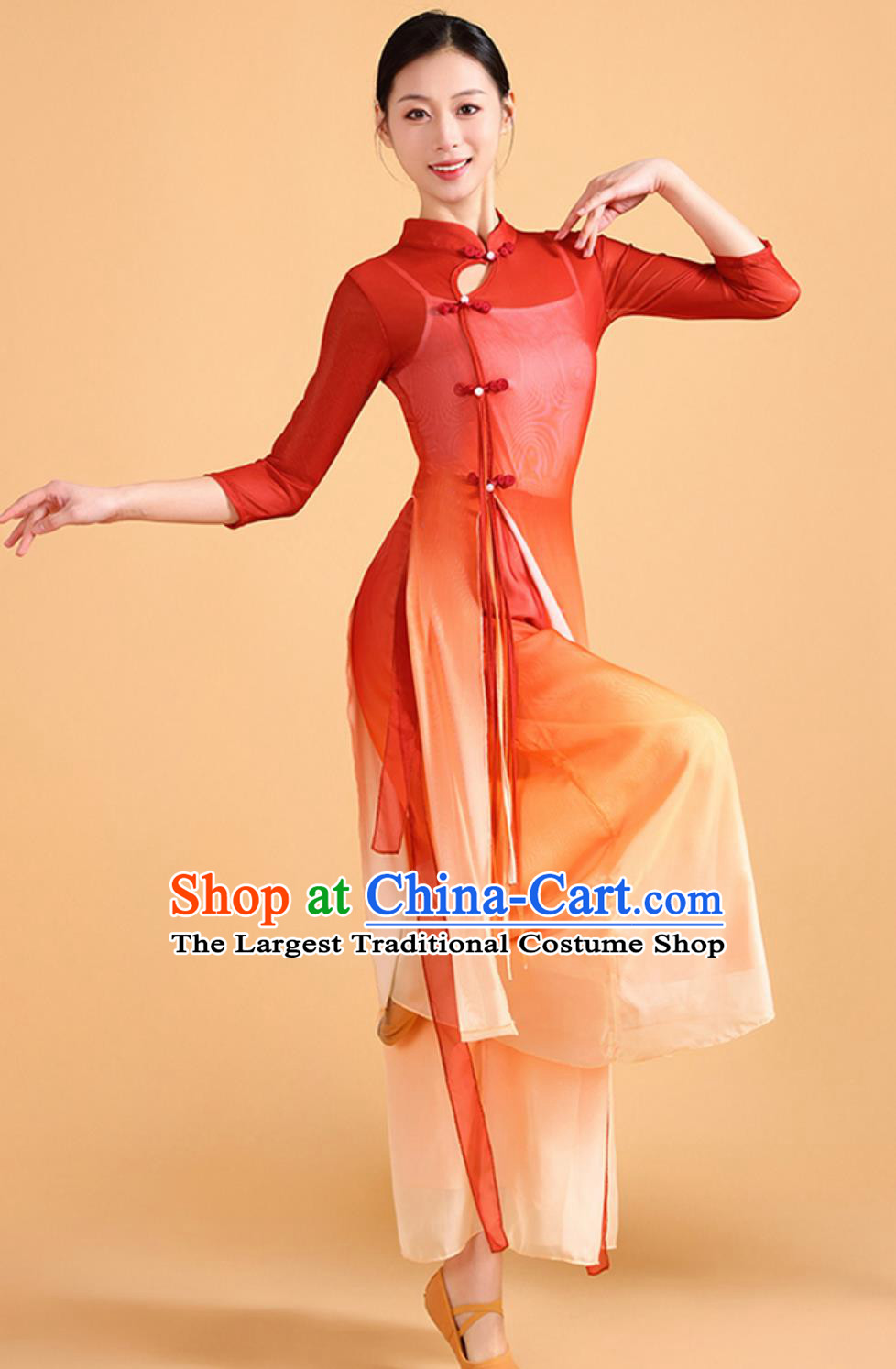 Classical Dance Costume Practice Wear Set Jiangnan Fan Dance Cheongsam Chinese Chiffon Dress Classical Dance Costume