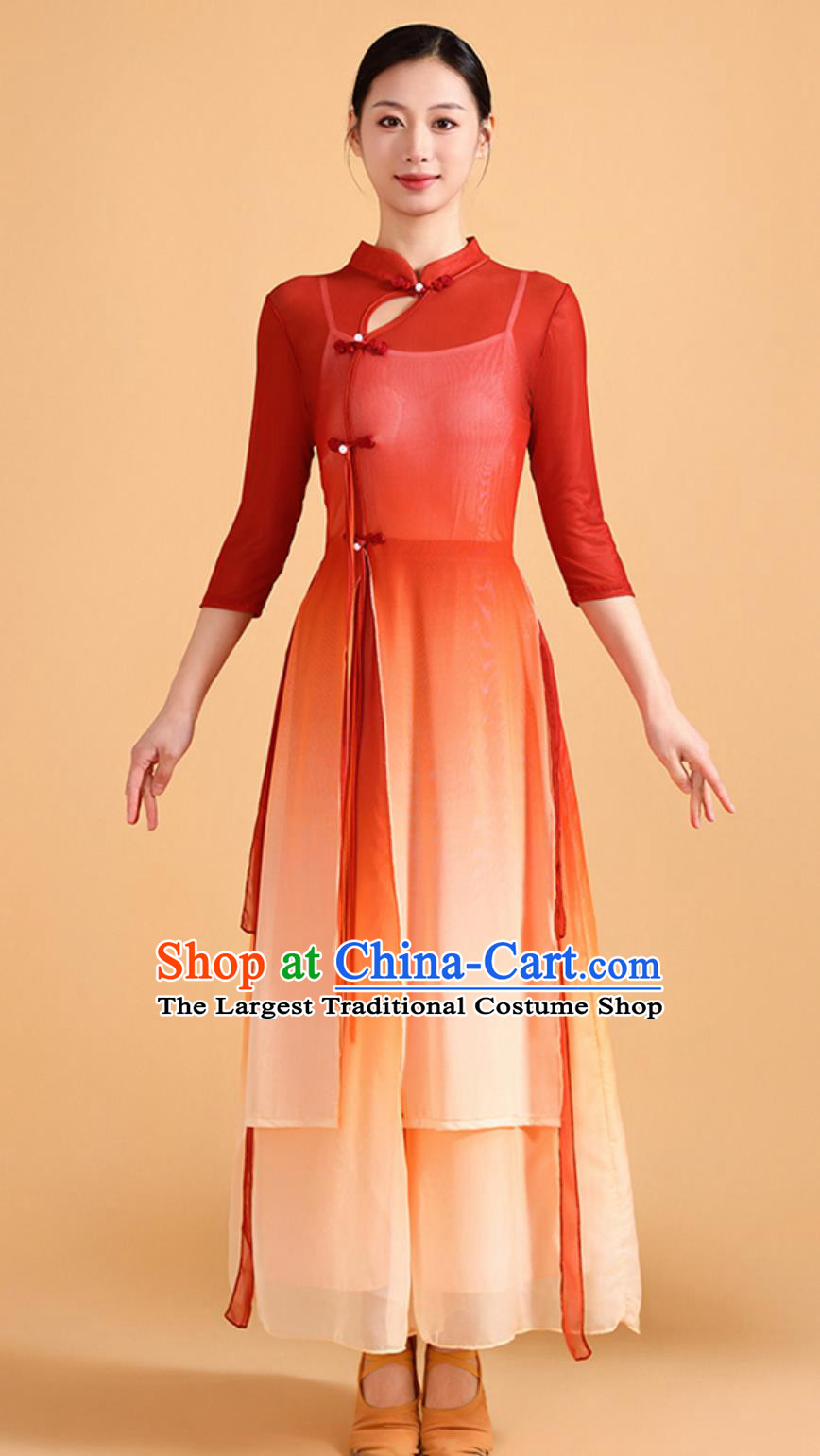 Classical Dance Costume Practice Wear Set Jiangnan Fan Dance Cheongsam Chinese Chiffon Dress Classical Dance Costume