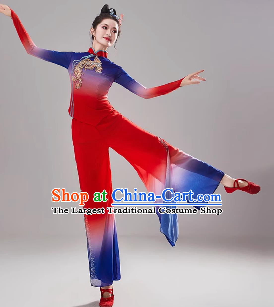 Chinese Folk Dance Clothing Women Group Fan Dance Costume Jiaozhou Yangko Dance Red Uniform