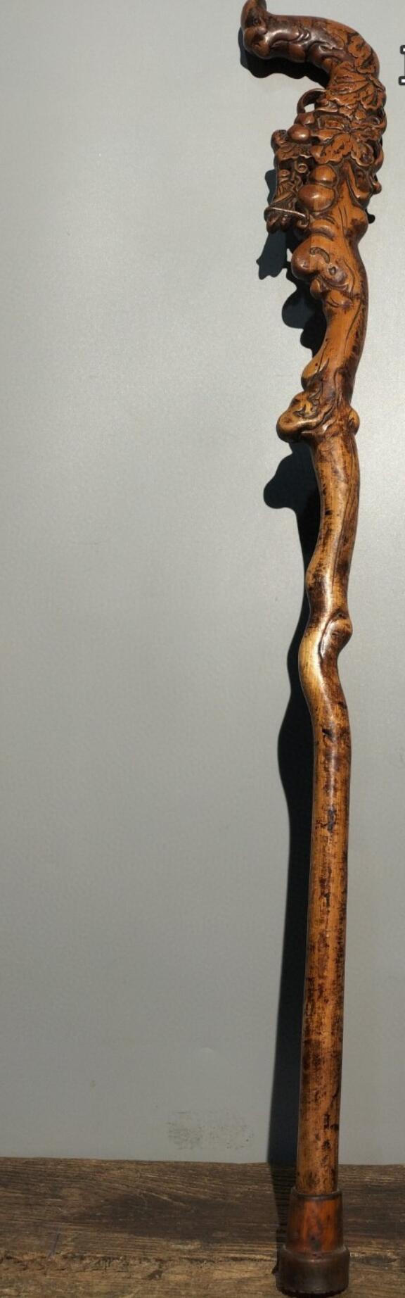 Chinese Hand Carved Dragon Cane Peach Wood Crutch