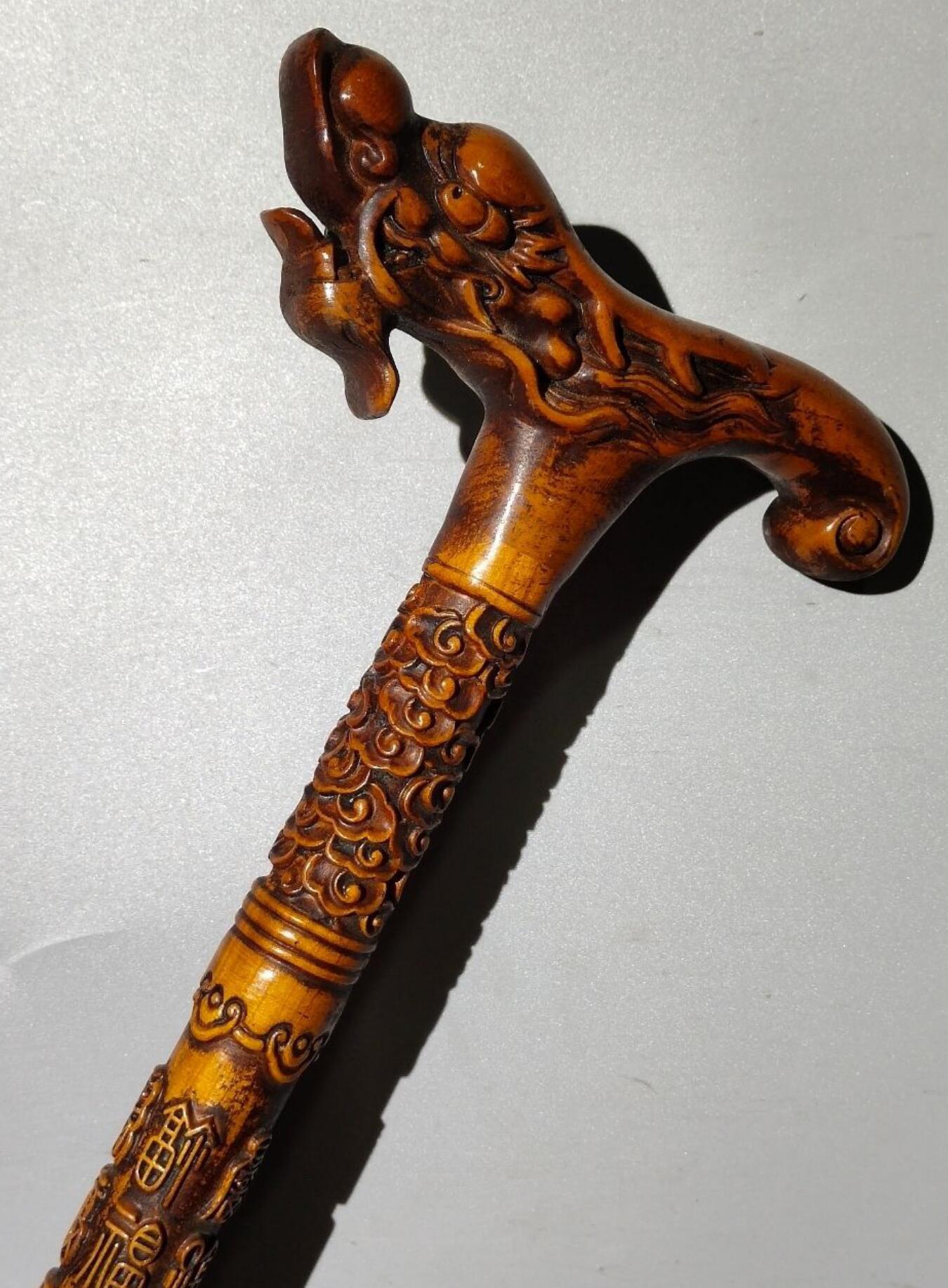 Chinese Hand Carved Cloud Dragon Cane Peach Wood Crutch