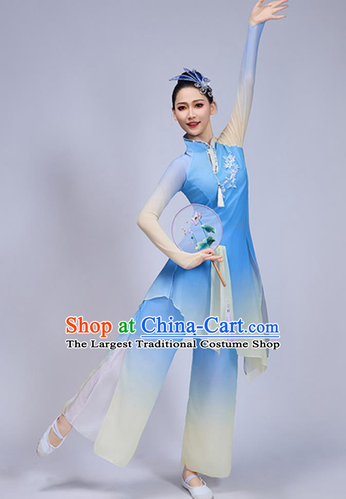 Jiaozhou Yangko Dance Costume Ying Hua Yu Chinese Fan Dance Blue Outfit Classical Performance Wear