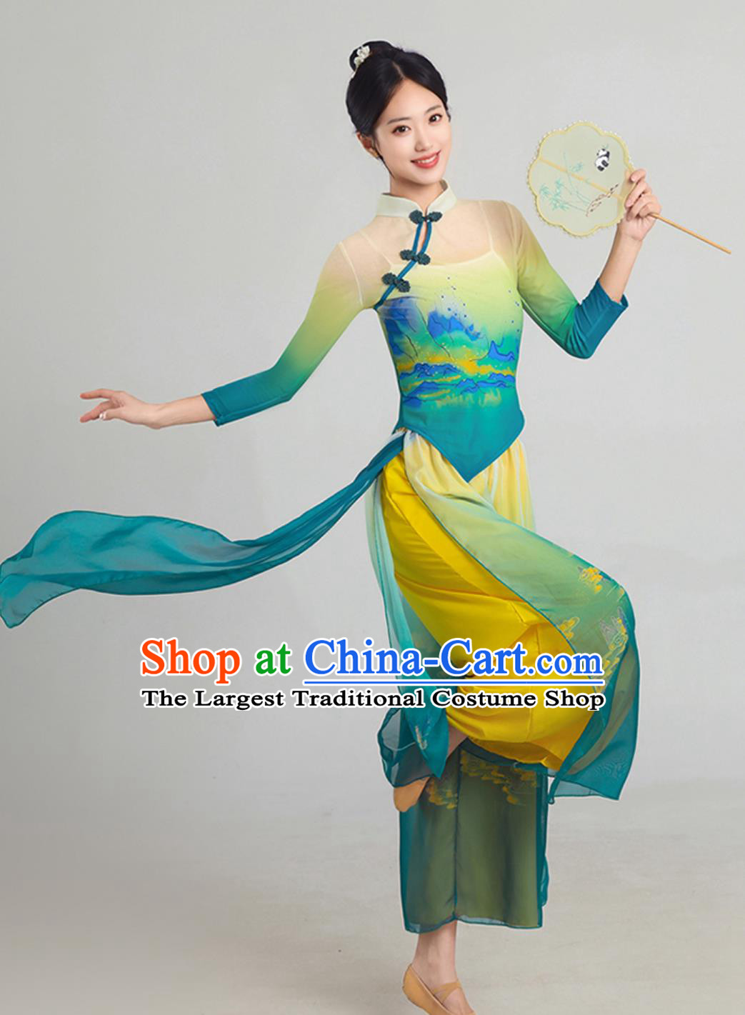 Han Tang Style Classical Dance Outfit Green Blue Cheongsam Chinese Dance Practice Costume