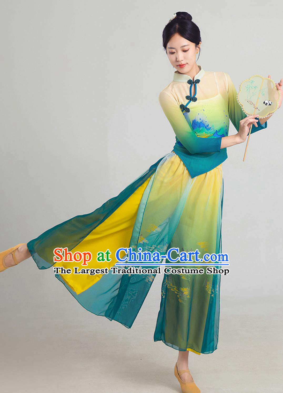 Han Tang Style Classical Dance Outfit Green Blue Cheongsam Chinese Dance Practice Costume