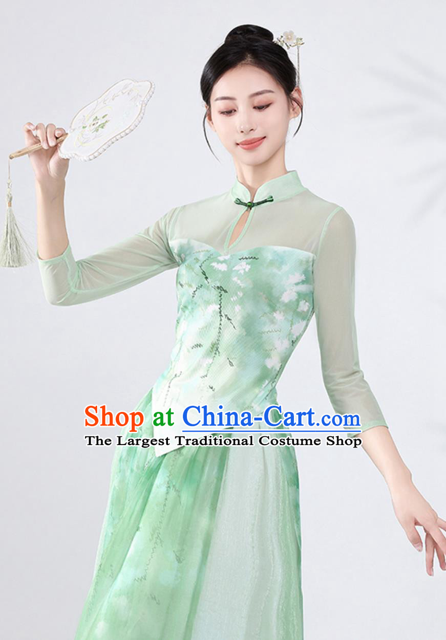 Chinese Classical Dance Costume Cheongsam Fan Dance Green Outfit for Women