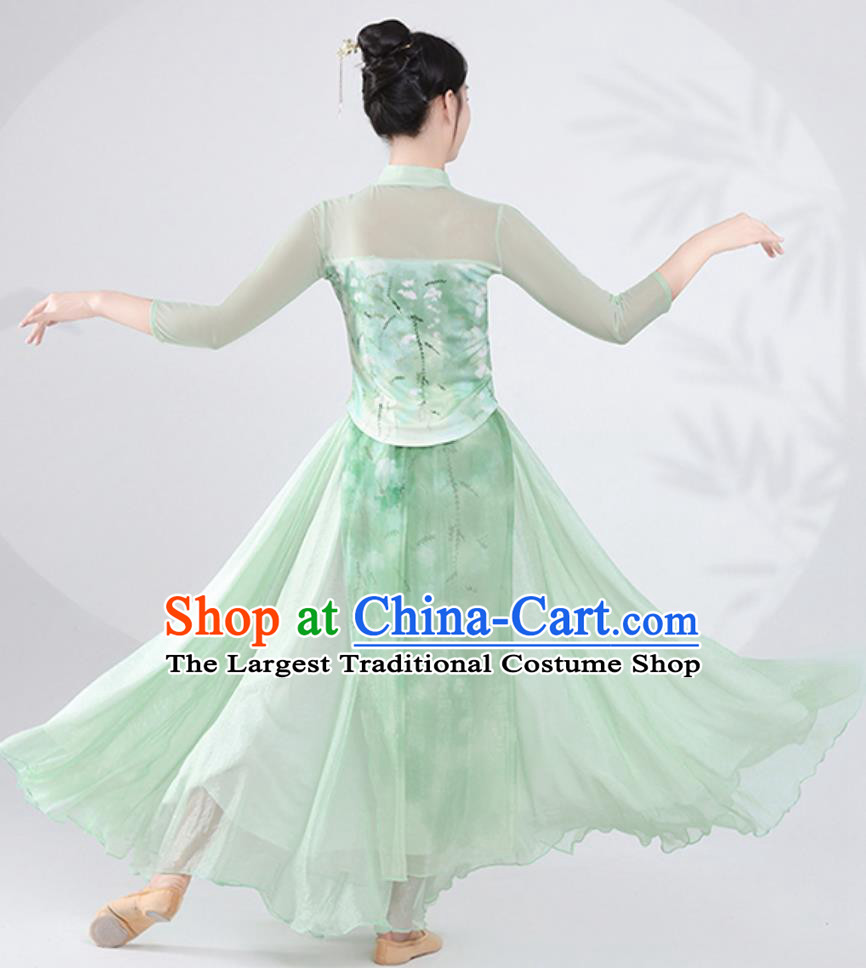 Chinese Classical Dance Costume Cheongsam Fan Dance Green Outfit for Women