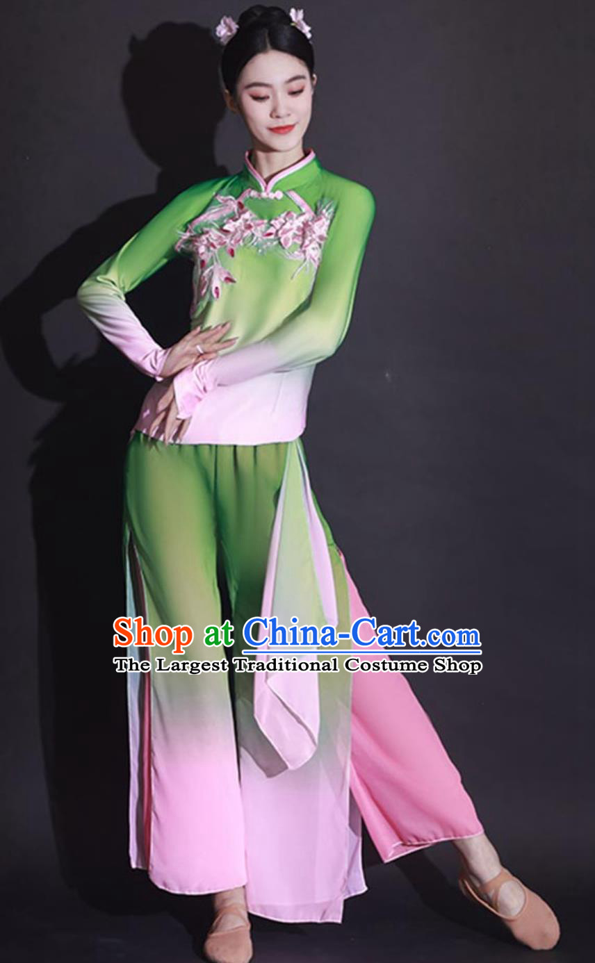 Chinese Jiaozhou Yangko Dance Suit Plus Size Green Fan Dance Outfit for Women