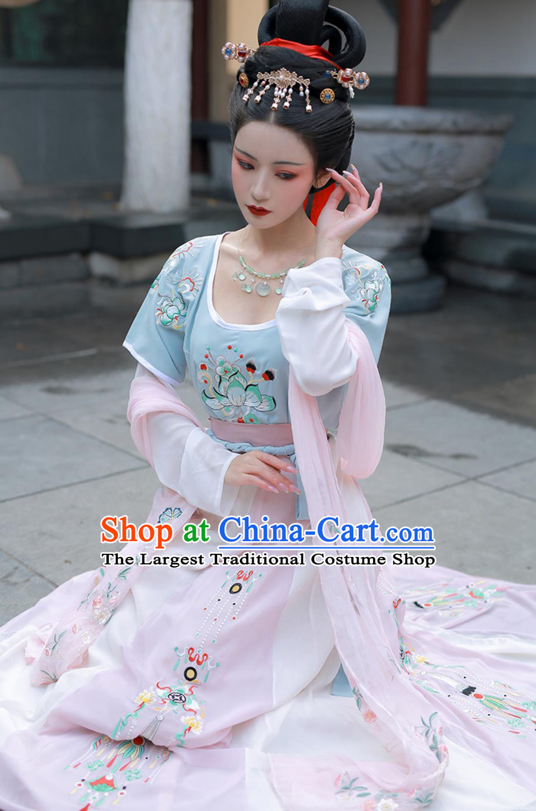 Chinese Hanfu Dress Tang Blouse Embroidered Flare High Waist Ruqun Three Pieces Outfit