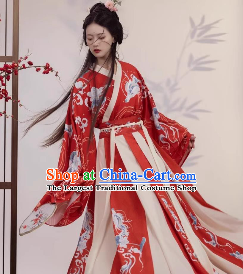 Red Hanfu Chinese Women Wei Jin Style Cross Collar Wide Sleeves High Waist Printed Broken Skirt