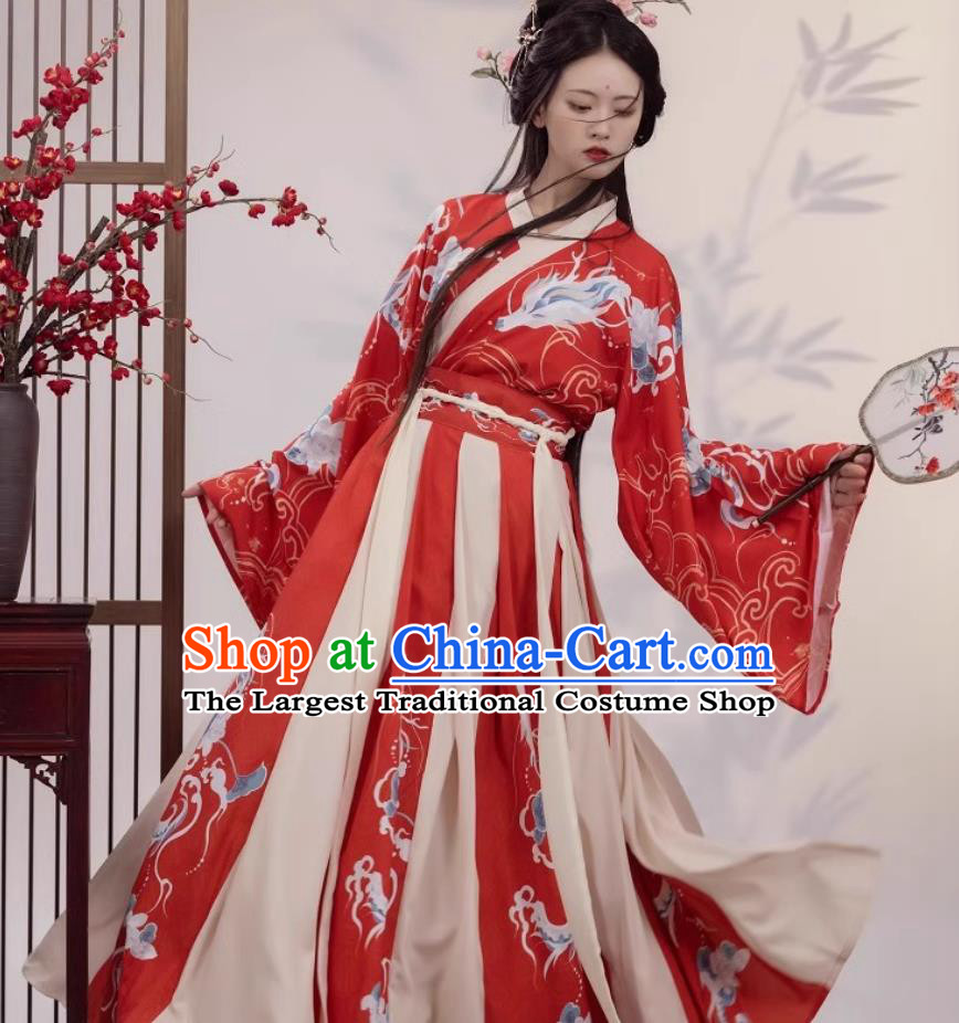 Red Hanfu Chinese Women Wei Jin Style Cross Collar Wide Sleeves High Waist Printed Broken Skirt