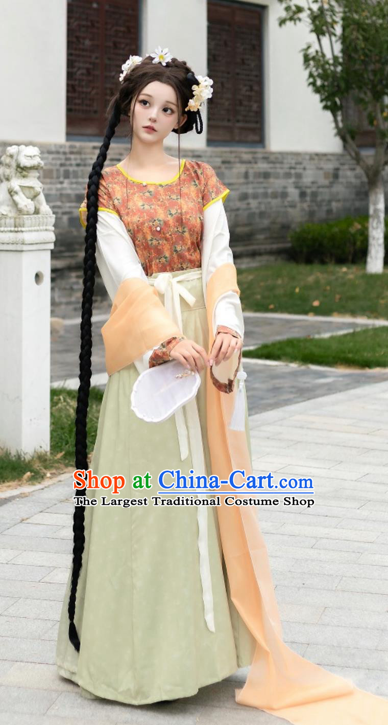 Hanfu Dunhuang Floral Medley Performance Costume Round Collar Pleated Skirt High Waist Women Tang Dynasty Beizi Set