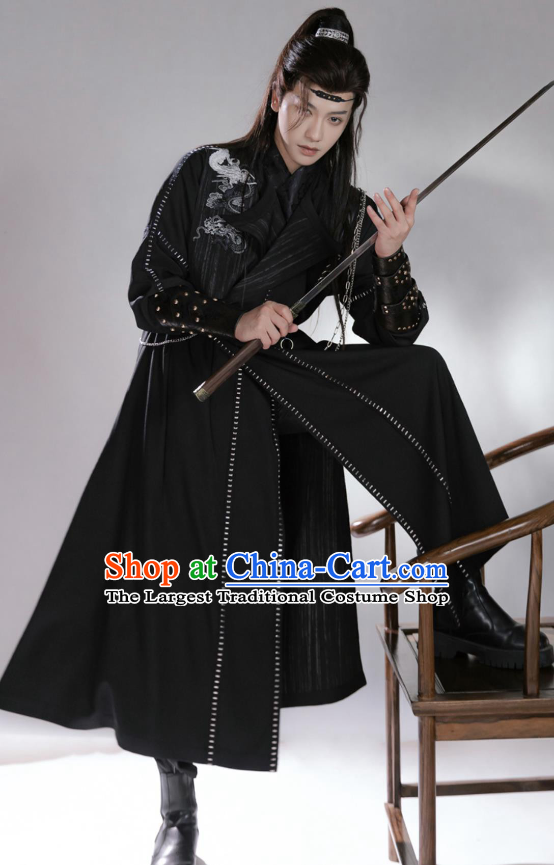 Men Hanfu Dark Black Chinese Ancient Long Double Sided Round Collar Robe Traditional Clothing