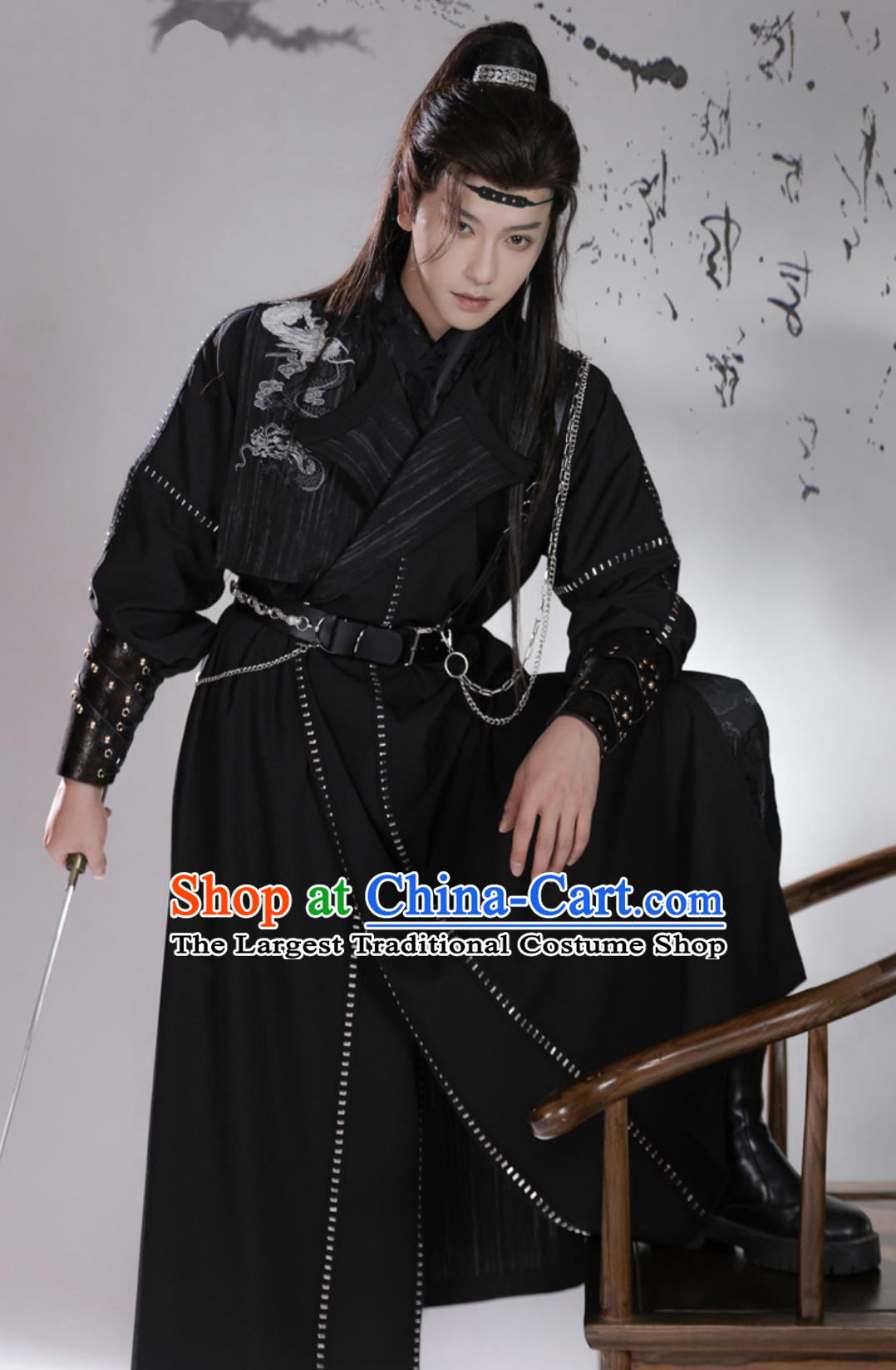 Men Hanfu Dark Black Chinese Ancient Long Double Sided Round Collar Robe Traditional Clothing