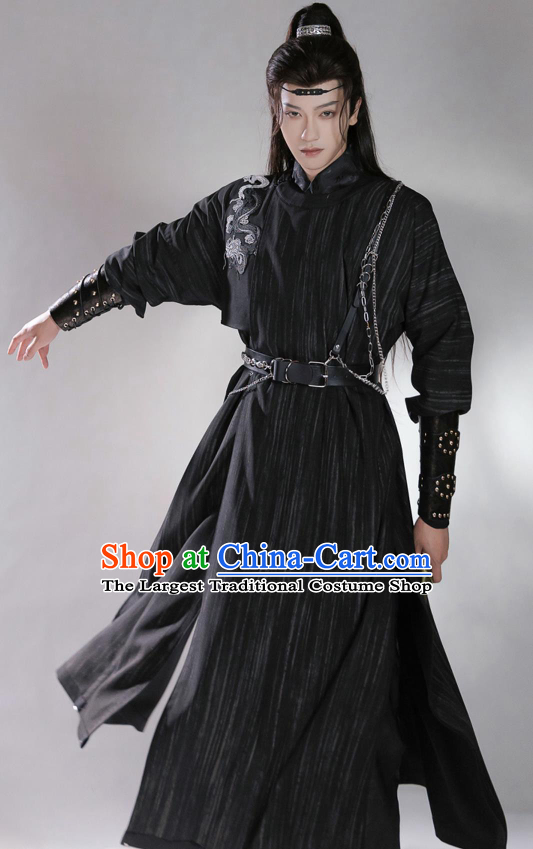 Men Hanfu Dark Black Chinese Ancient Long Double Sided Round Collar Robe Traditional Clothing