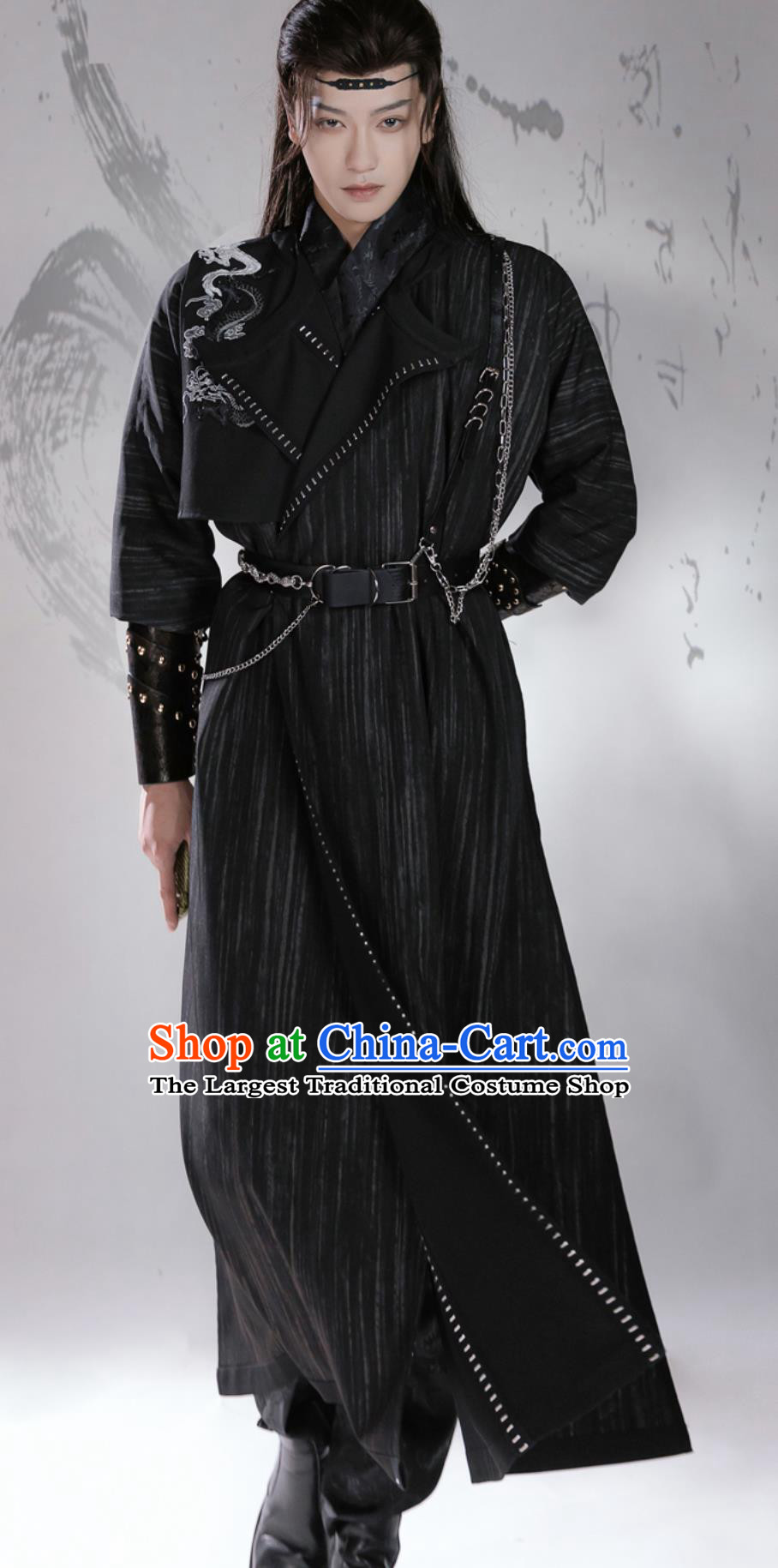 Men Hanfu Dark Black Chinese Ancient Long Double Sided Round Collar Robe Traditional Clothing