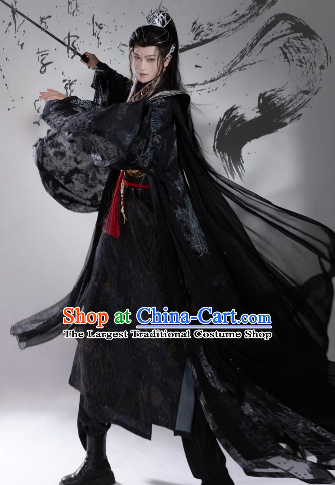 Men Hanfu Dark Black Chinese Ancient Long Double Sided Round Collar Robe Traditional Clothing