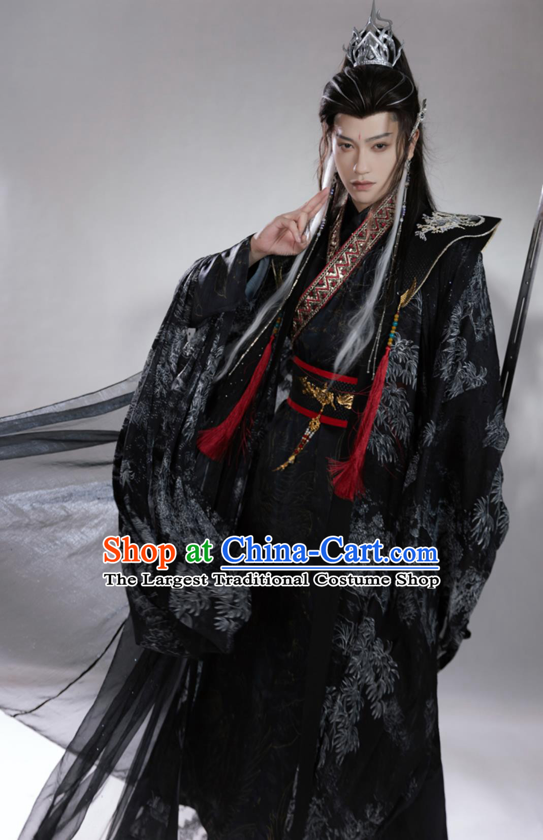 Chinese Ancient Dark Black Hanfu Cross Traditional Clothing Collar Taoist Robe and Cloak Complete Set
