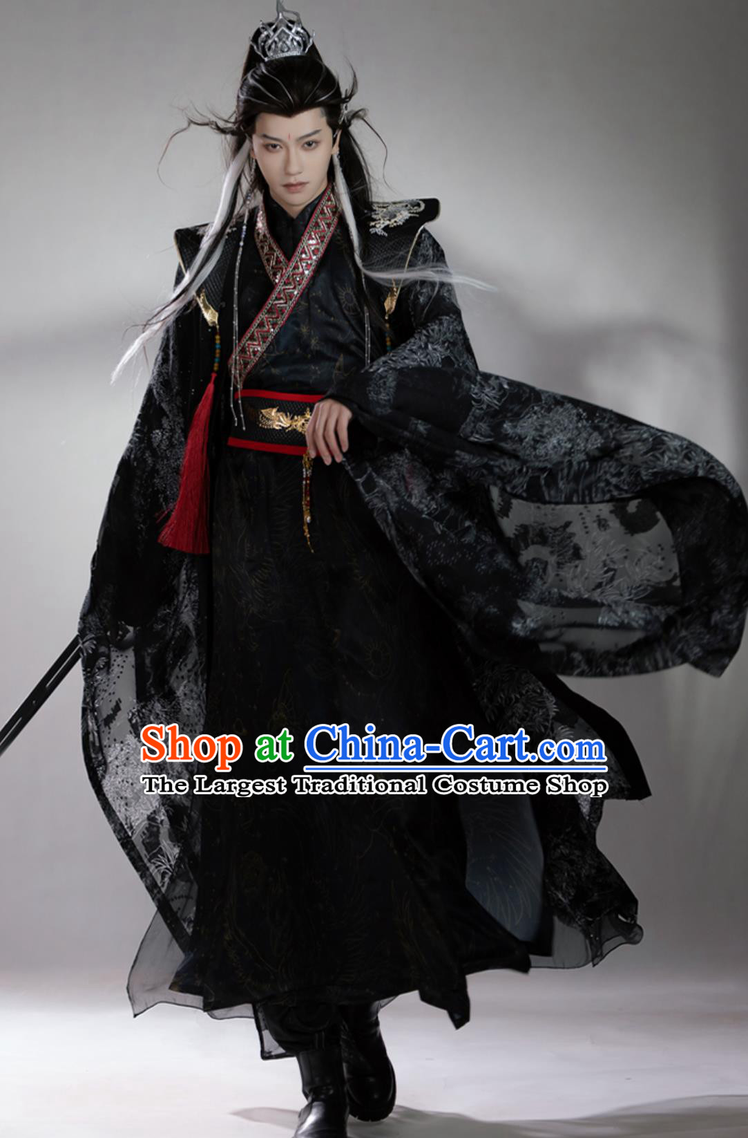 Chinese Ancient Dark Black Hanfu Cross Traditional Clothing Collar Taoist Robe and Cloak Complete Set