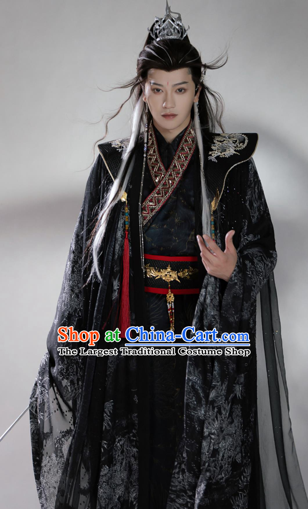 Chinese Ancient Dark Black Hanfu Cross Traditional Clothing Collar Taoist Robe and Cloak Complete Set
