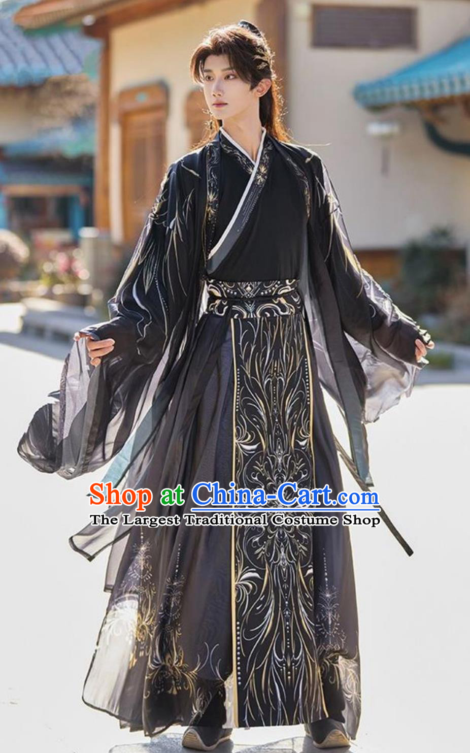 Chinese Hanfu Men Dark Black Wuxia Robe Traditional Cross Collar Taoist Robe and Cloak Complete Set