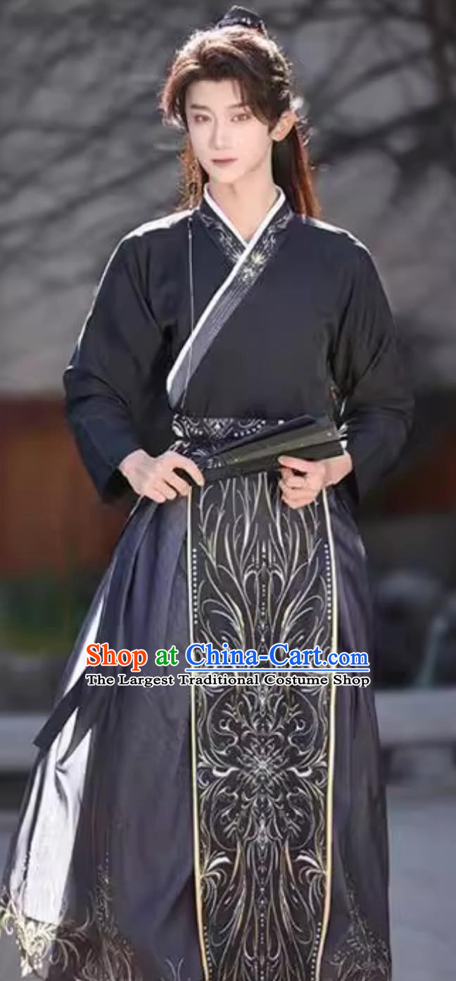Chinese Hanfu Men Dark Black Wuxia Robe Traditional Cross Collar Taoist Robe and Cloak Complete Set