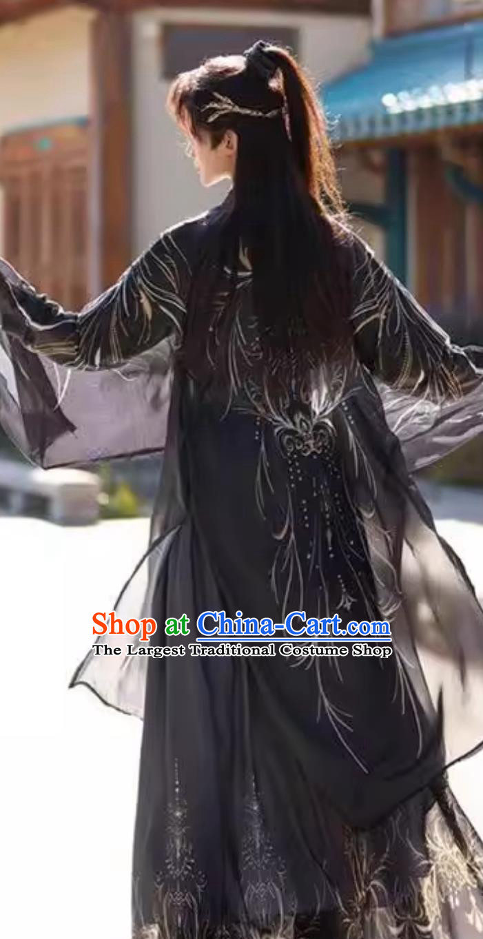 Chinese Hanfu Men Dark Black Wuxia Robe Traditional Cross Collar Taoist Robe and Cloak Complete Set