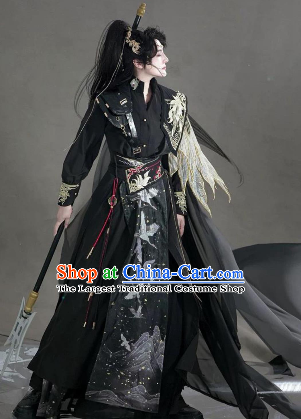 Chinese Hanfu Mystic Bird Cloak Black Gold Ancient Young Hero Costumes Complete Set