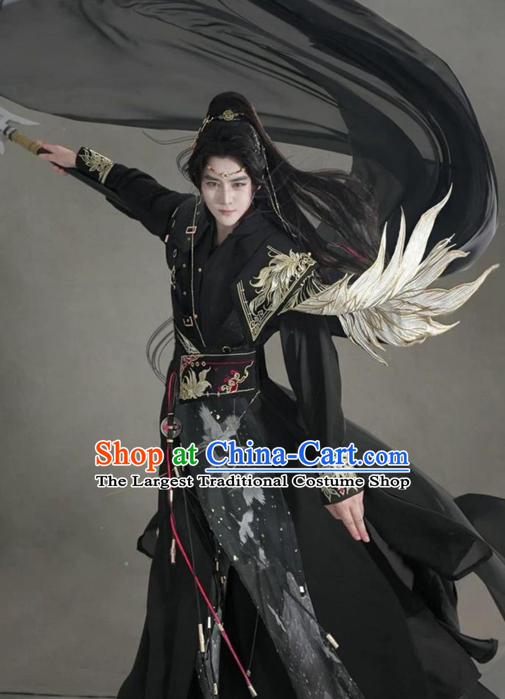 Chinese Hanfu Mystic Bird Cloak Black Gold Ancient Young Hero Costumes Complete Set