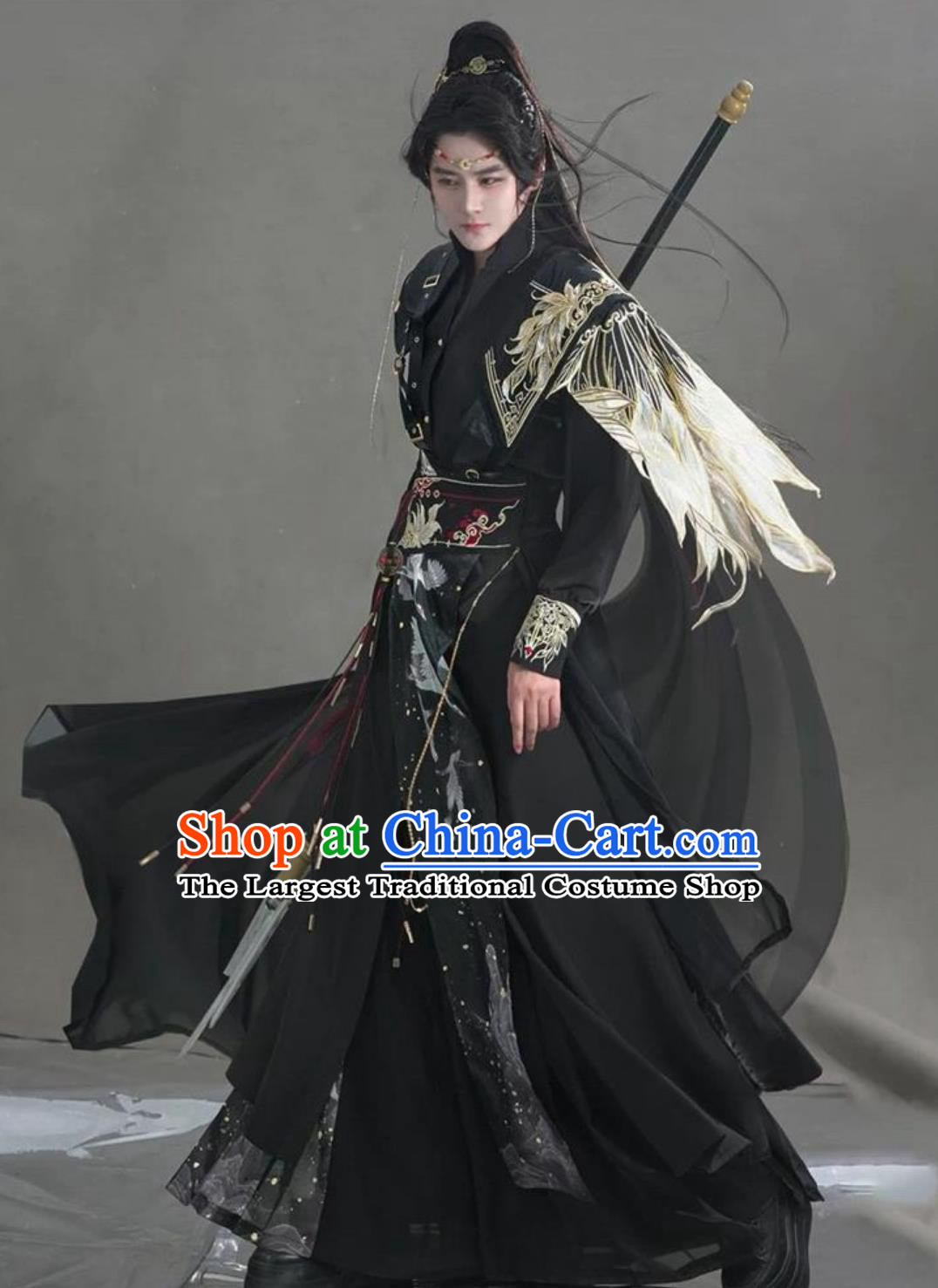 Chinese Hanfu Mystic Bird Cloak Black Gold Ancient Young Hero Costumes Complete Set