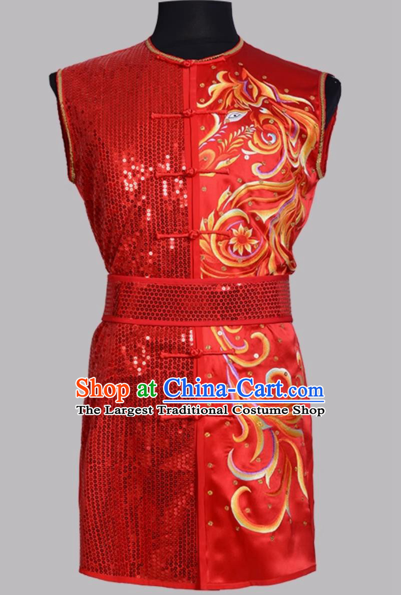 Red Pure Silk Embroidered Nanquan Competition Costume Performance Wushu Uniform Chinese Kung Fu Sleeveless Outfit