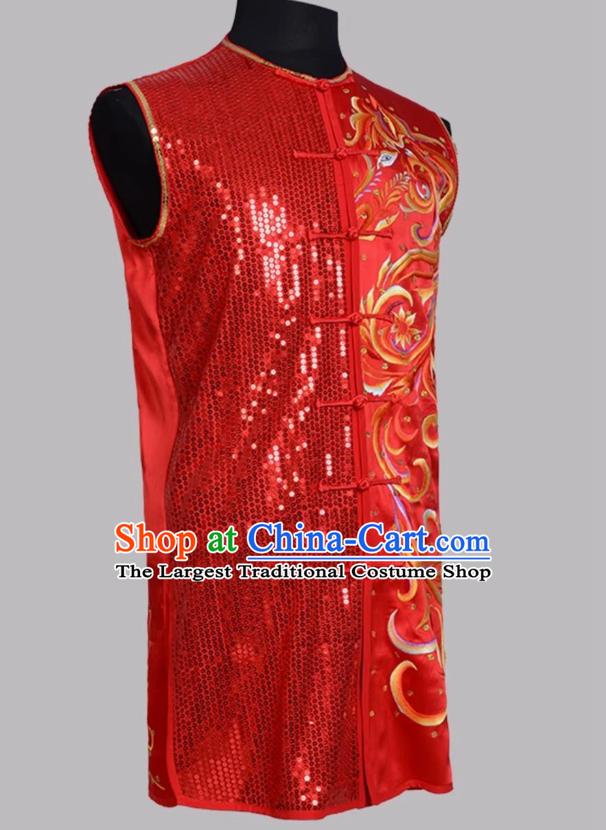 Red Pure Silk Embroidered Nanquan Competition Costume Performance Wushu Uniform Chinese Kung Fu Sleeveless Outfit