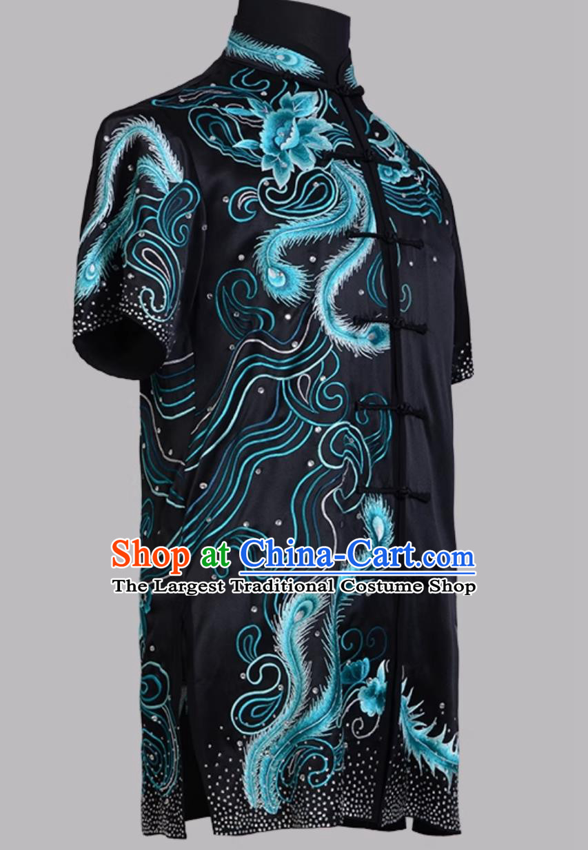 Black Pure Silk Embroidered Hand Pushed Embroidery Wushu Competition Performance Uniform Changquan Costume Martial Arts Costume