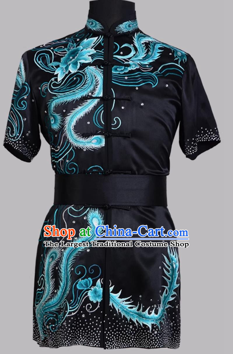 Black Pure Silk Embroidered Hand Pushed Embroidery Wushu Competition Performance Uniform Changquan Costume Martial Arts Costume