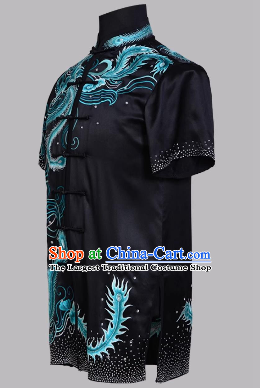 Black Pure Silk Embroidered Hand Pushed Embroidery Wushu Competition Performance Uniform Changquan Costume Martial Arts Costume