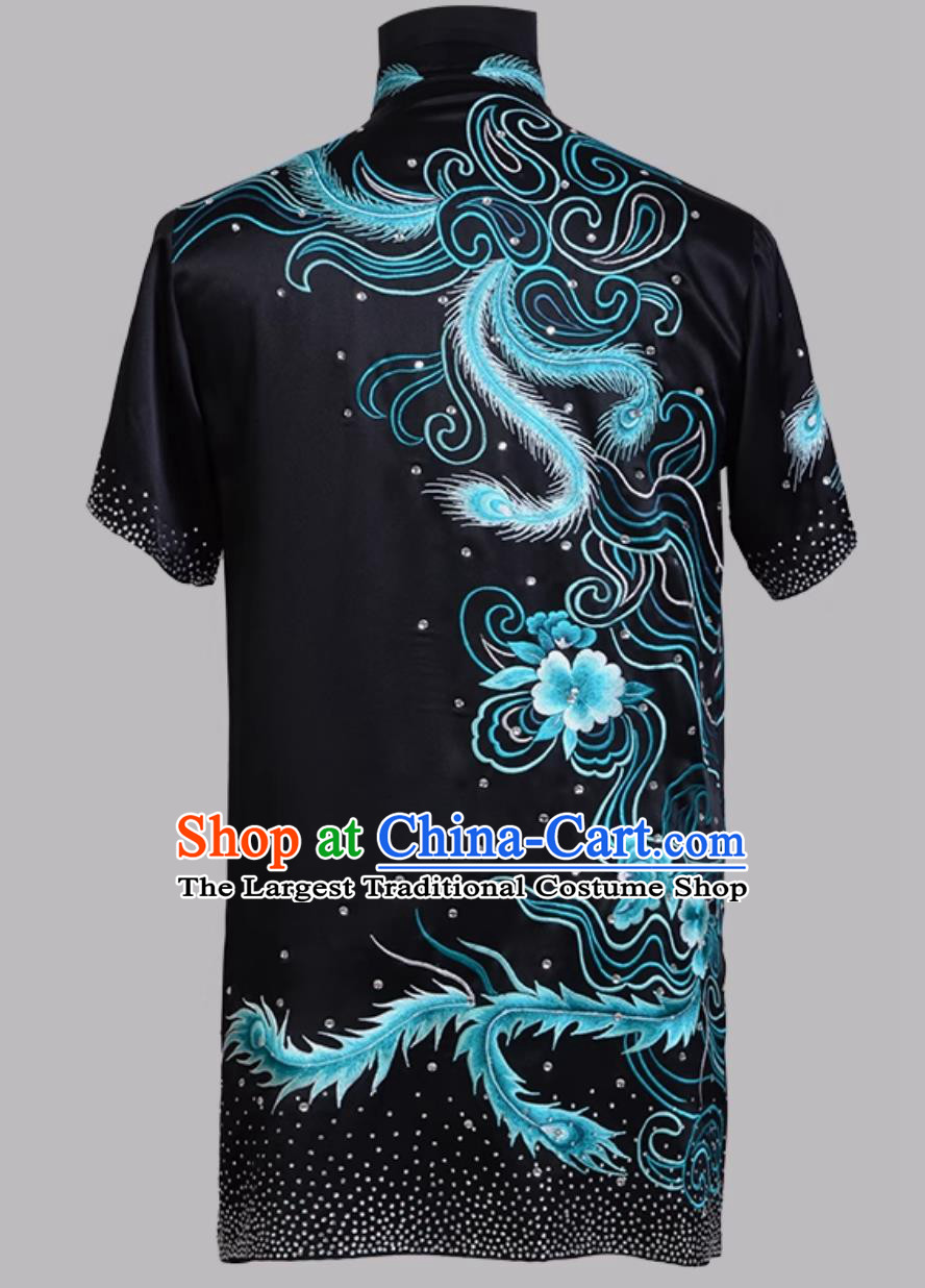 Black Pure Silk Embroidered Hand Pushed Embroidery Wushu Competition Performance Uniform Changquan Costume Martial Arts Costume