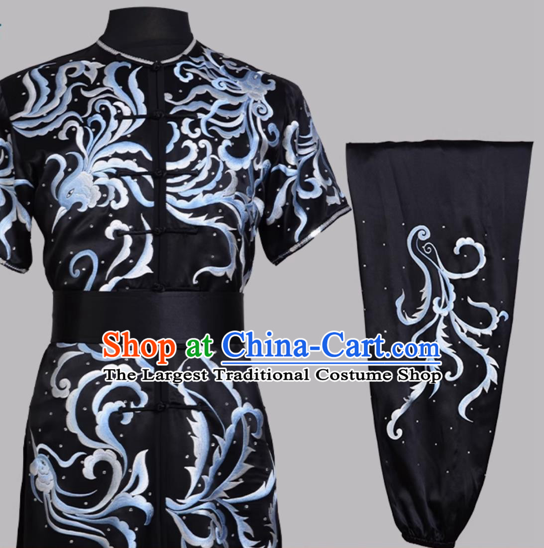 Black Pure Silk Martial Arts Clothing Embroidered Hand Pushed Embroidery Wushu Competition Performance Uniform Changquan Costume