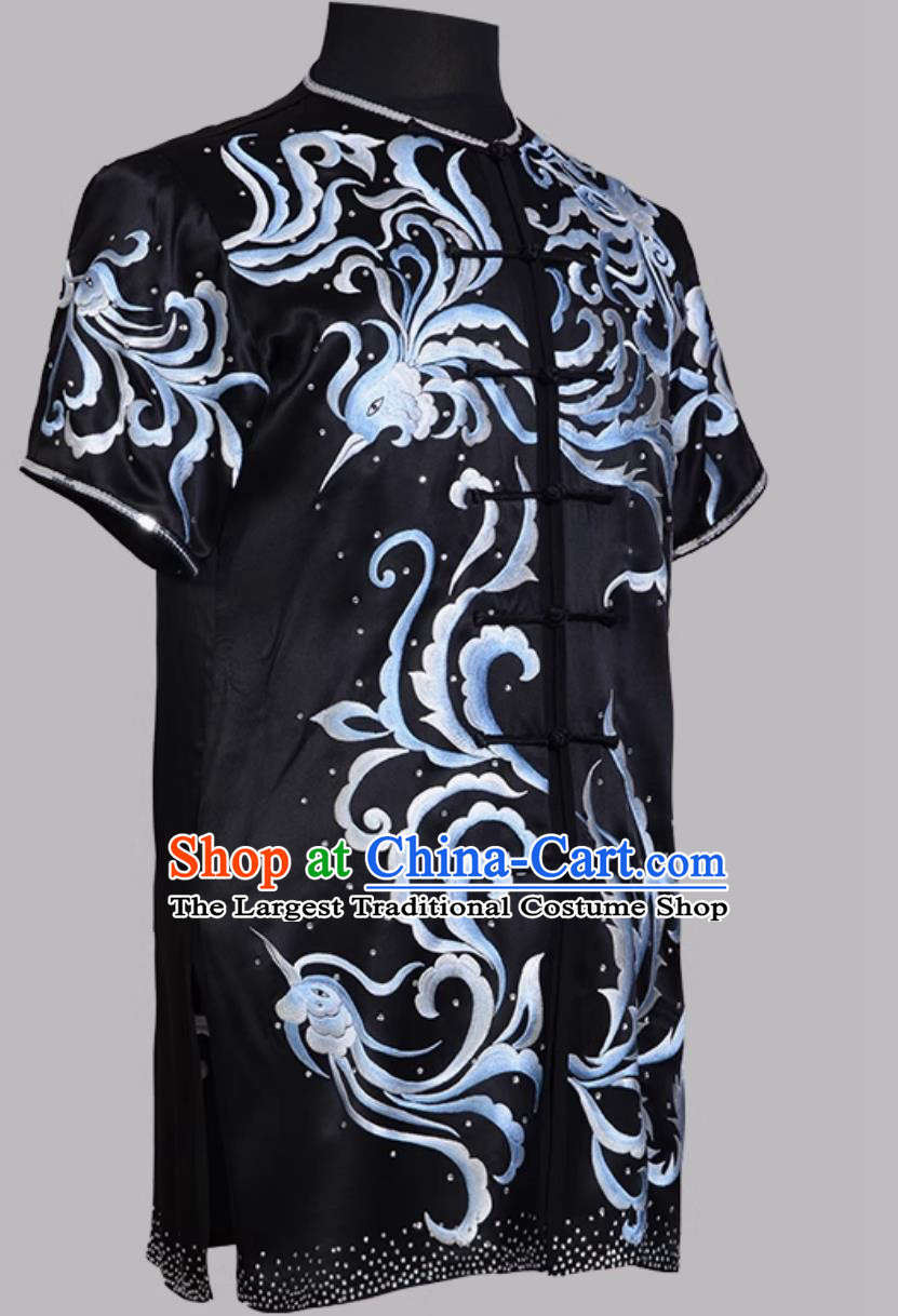 Black Pure Silk Martial Arts Clothing Embroidered Hand Pushed Embroidery Wushu Competition Performance Uniform Changquan Costume