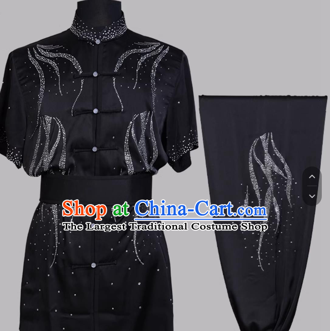 Hot Fix Rhinestone Wushu Colorful Performance Costume Kung Fu Competition Outfit Martial Arts Clothing
