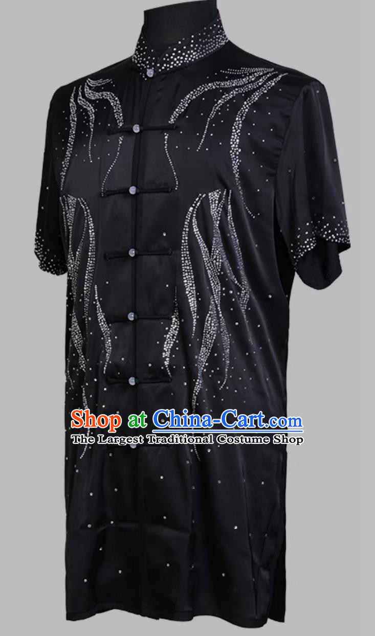 Hot Fix Rhinestone Wushu Colorful Performance Costume Kung Fu Competition Outfit Martial Arts Clothing
