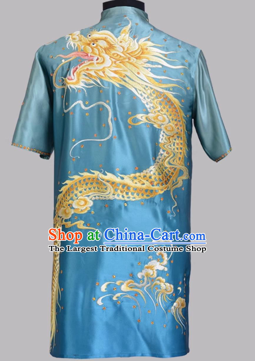 Gradient Blue Pure Silk Double Dragon Embroidered Wushu Uniform Changquan Training Chinese Style Outfit