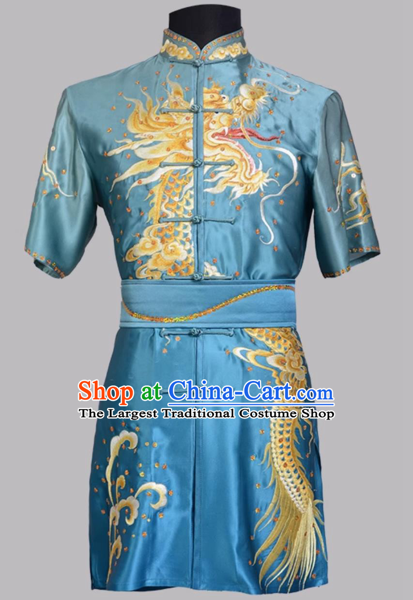 Gradient Blue Pure Silk Double Dragon Embroidered Wushu Uniform Changquan Training Chinese Style Outfit