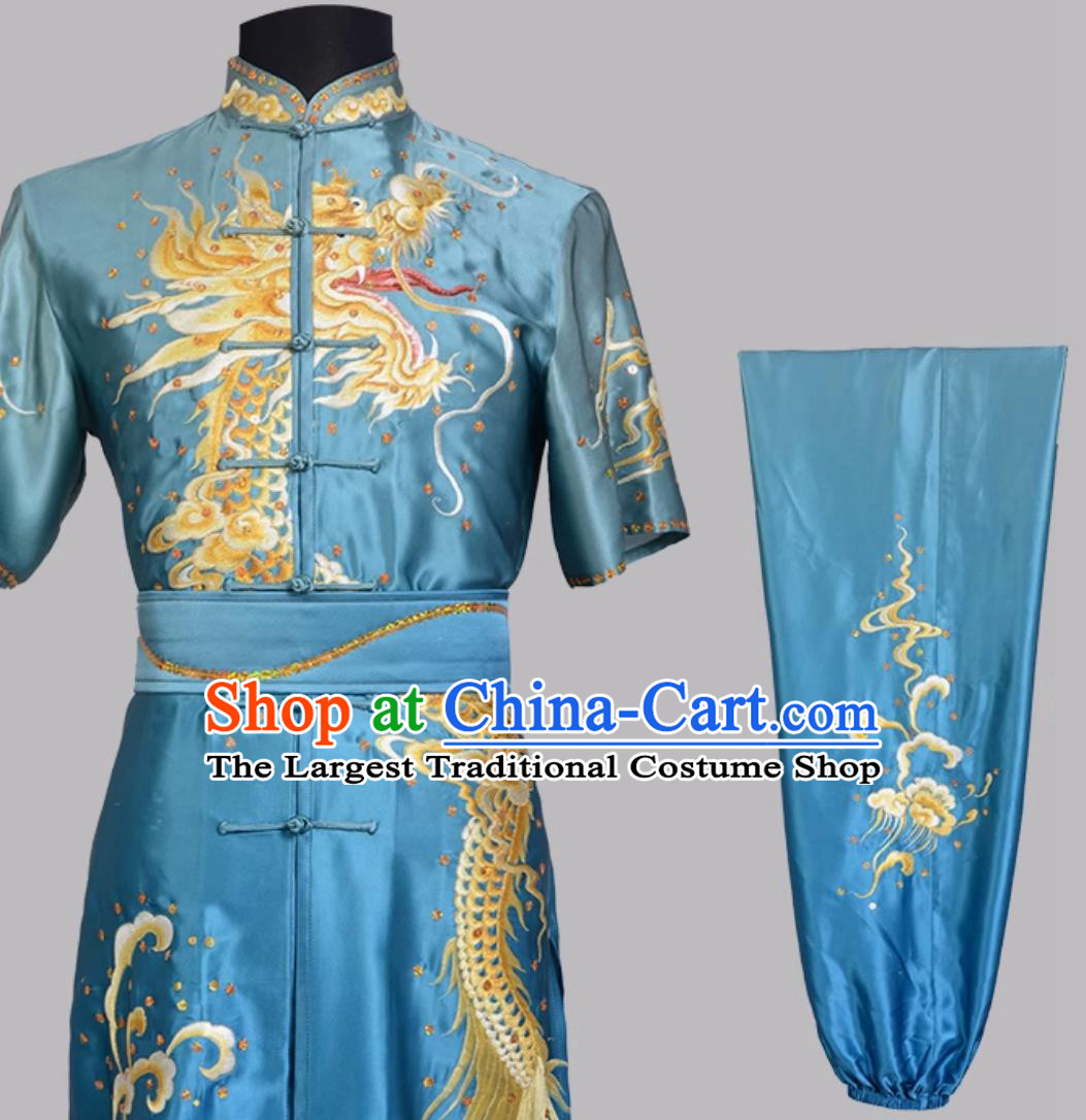 Gradient Blue Pure Silk Double Dragon Embroidered Wushu Uniform Changquan Training Chinese Style Outfit