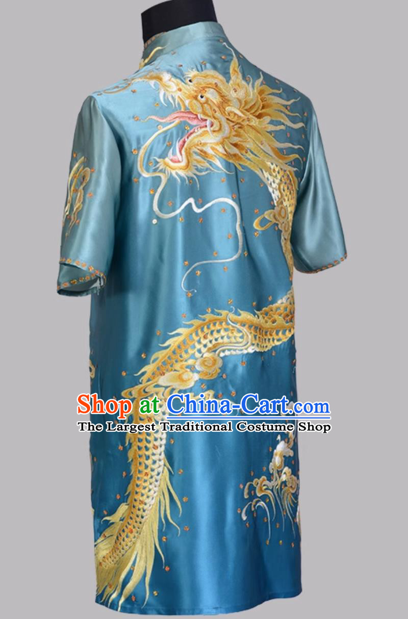 Gradient Blue Pure Silk Double Dragon Embroidered Wushu Uniform Changquan Training Chinese Style Outfit