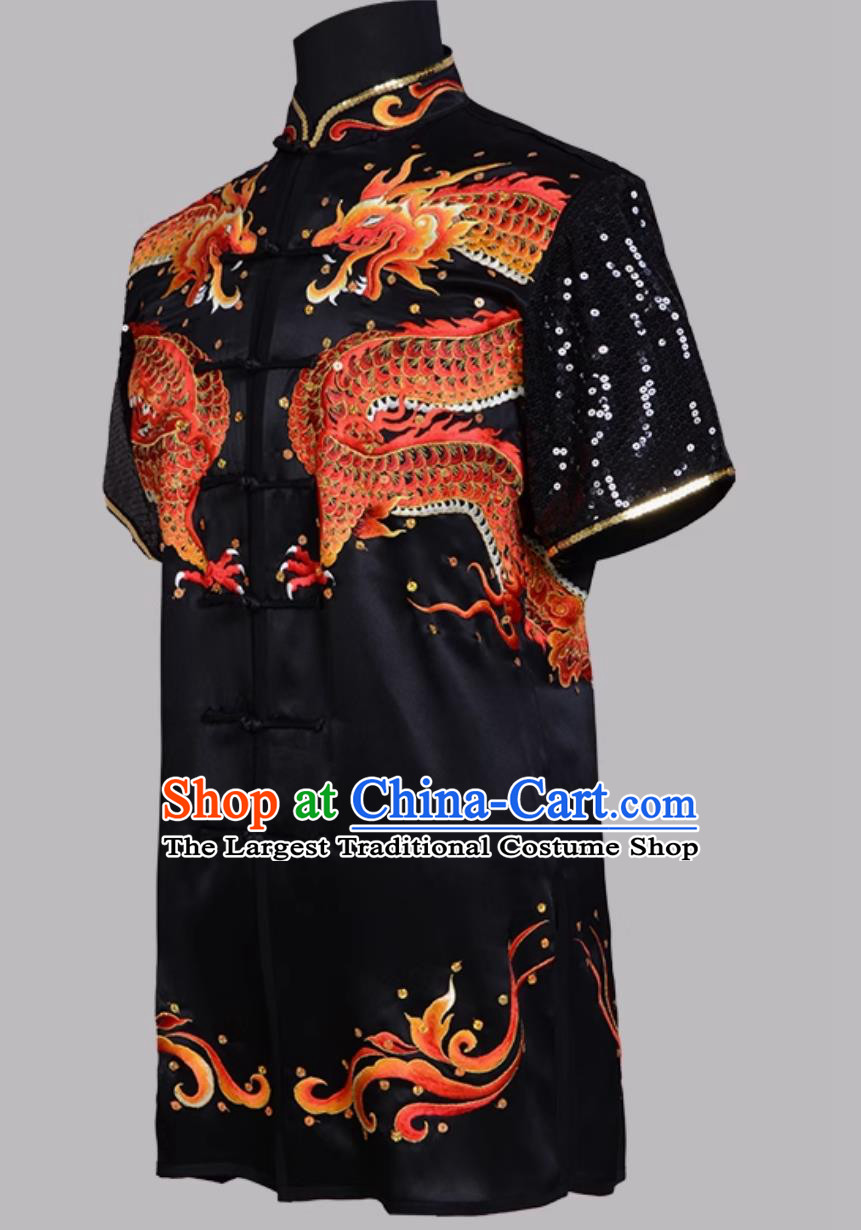 Black Pure Silk Embroidered Changquan Wushu Uniform Colorful Double Dragon Performance Competition Training Outfit Wushu Exam Costume